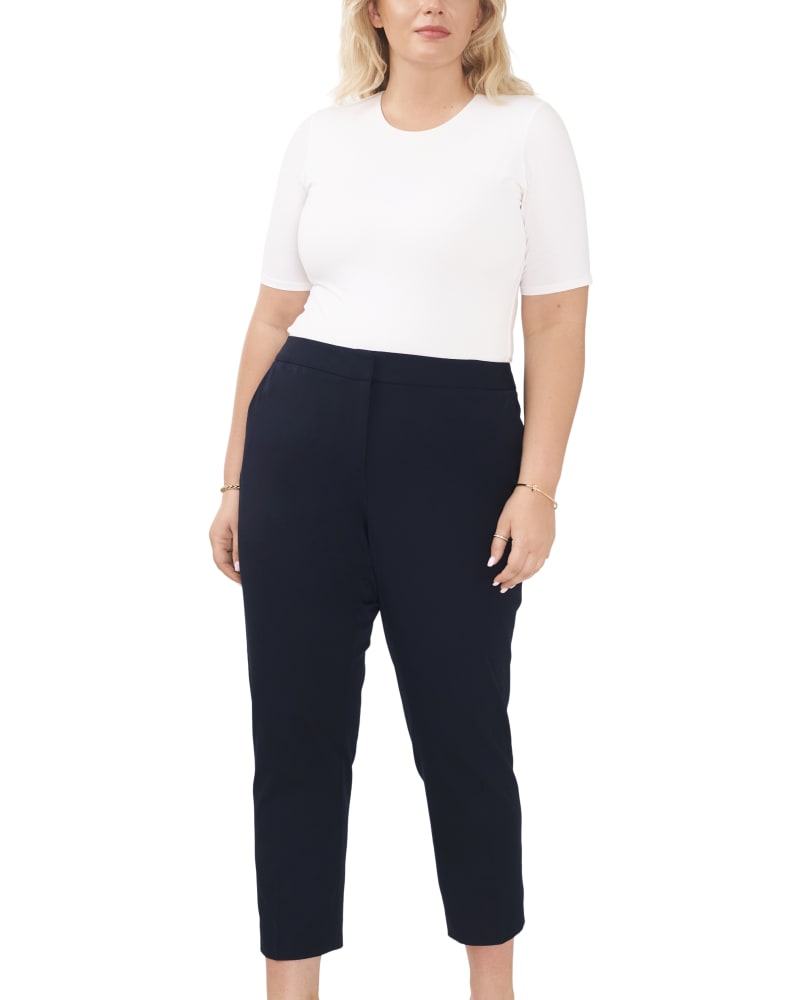 Front of a model wearing a size 14W Hazel Front Zip Twill Pant in Classic Navy by Vince Camuto. | dia_product_style_image_id:274303